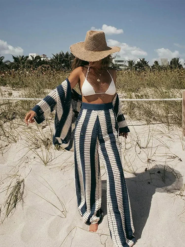 qgtao Chic Solid Hollow Out Mesh Knitted Pants Set Lapel Long Sleeve Tops Wide Leg Pants 2 Pieces Sets 2024 Lady Beach Casual Suit