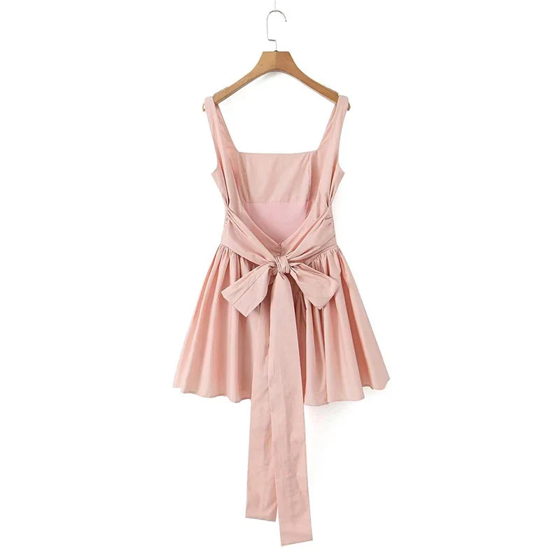 qgtao   Women Sweet Tie Bow Sashes Sexy Backless Dress Waist Spliced Pleated Swing Party Mini Robe