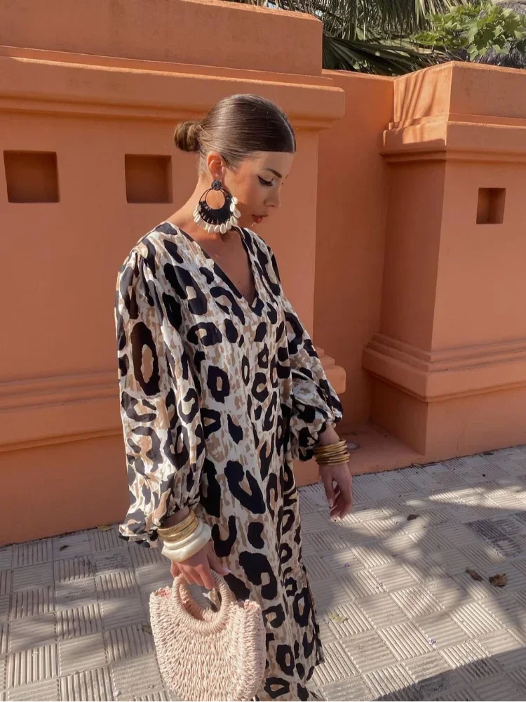 qgtao Elegan V-neck Leopard Print Maxi Dress For Women Vintage Lantern Sleeves Loose Vestido 2024 Spring Casual Female High Streetwear