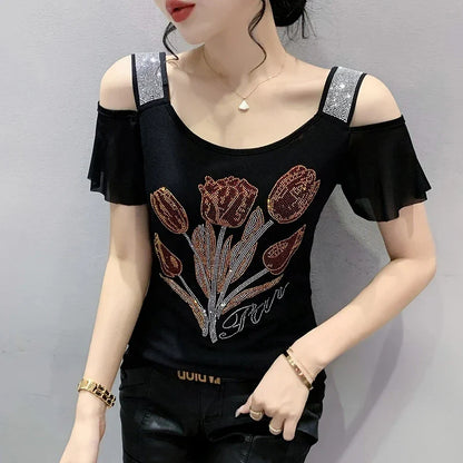 Runway Fashion European Women's Clothes Sexy Off Shoulder Letter Shiny Diamonds T-Shirts Luxury Brand Mesh Tees Tops Blouse