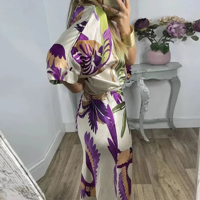 qgtao Summer Chic Printed Long Skirt Sets Women Fashion V Neck Half Sleeve Single Breasted Shirt Suits 2024  Female Commuting  Outfits