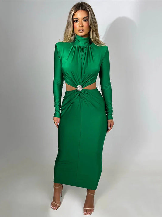 qgtao  Elegant Hollow Out Sexy Maxi Dress For Women Autumn Winter New Turtleneck Long Sleeve Bodycon Club Party Evening Dress