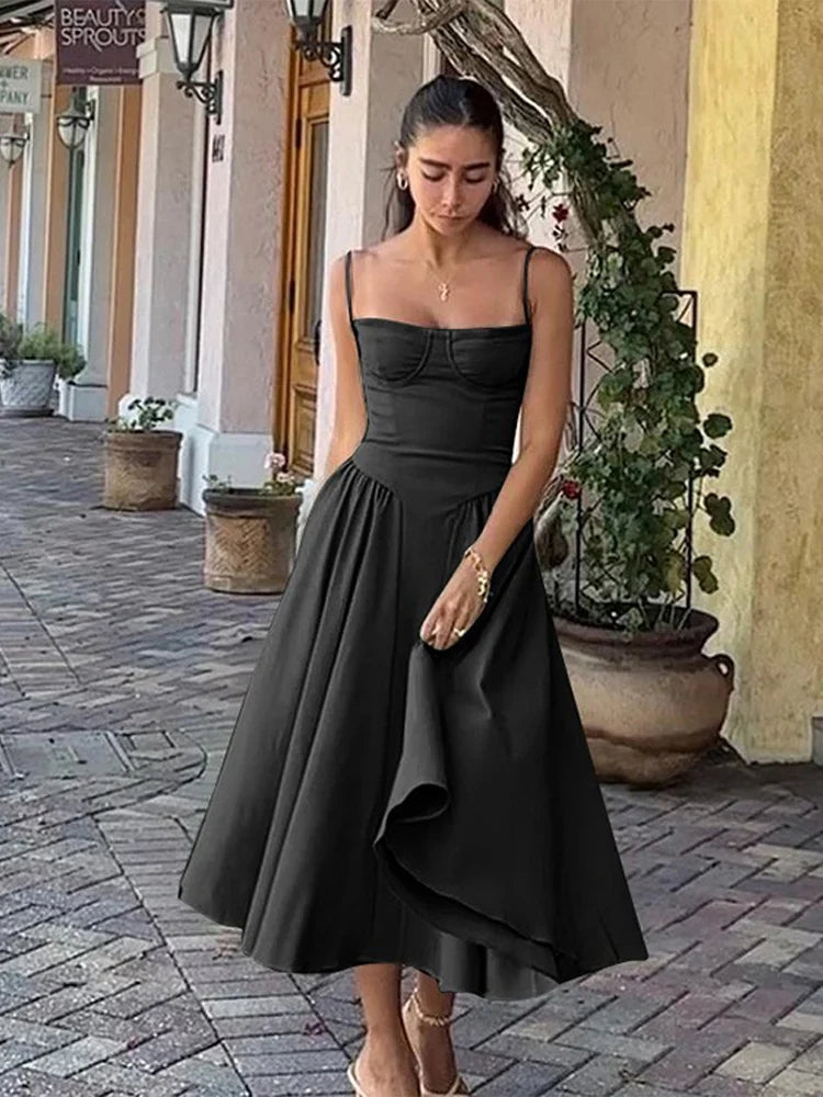 qgtao Sexy Solid Pleated Hem Sling Dress Women Fashion Midi Sleeveless Backless Dresses Female 2024 Summer Party Evening A-line Robes