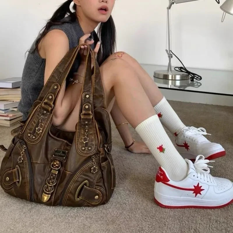 qgtao Y2k Vintage Womens Shoulder Bag Large Capacity Casual Pu Leather Tote Bag American Retro Luxury Designer Ladies Armpit Bag