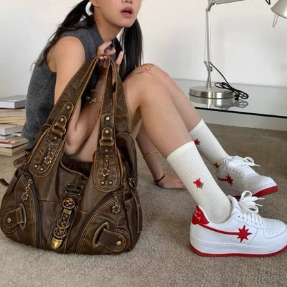 qgtao Y2k Vintage Womens Shoulder Bag Large Capacity Casual Pu Leather Tote Bag American Retro Luxury Designer Ladies Armpit Bag