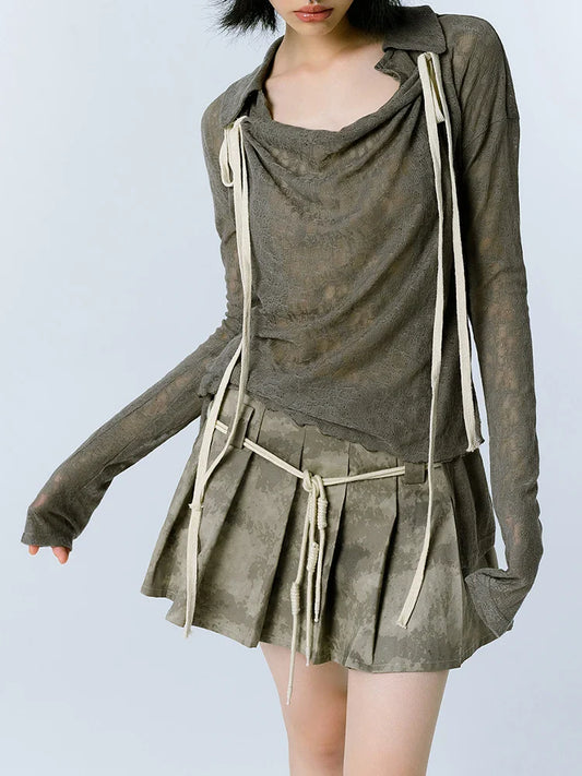 qgtao Y2K Lace Up T Shirt Women See Through Sexy Gothic Shirts Female Korean Stylish Harajuku Long Sleeve Tee Shirt Ladies Streetwear