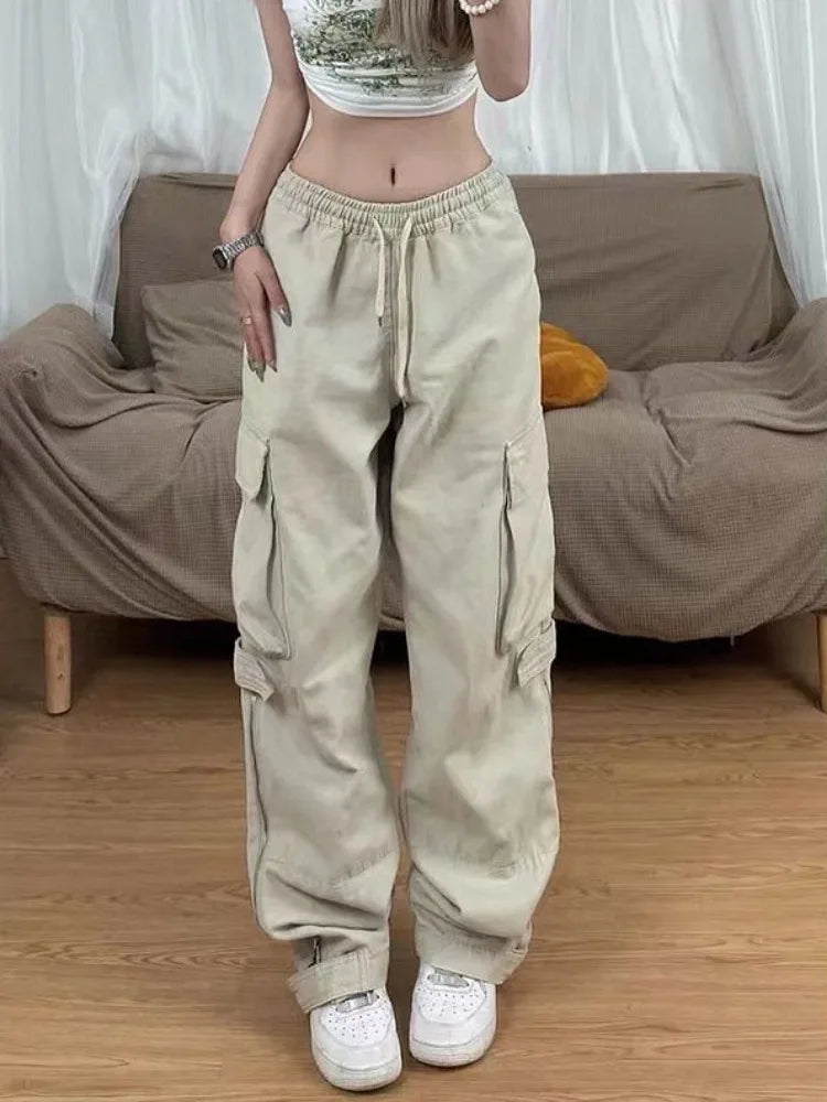 qgtao  Y2k Big Pocket Cargo Pants Women Street wear Straight Wide Leg Trousers Vintage Design Side Zipper Drawtring Baggy Pants