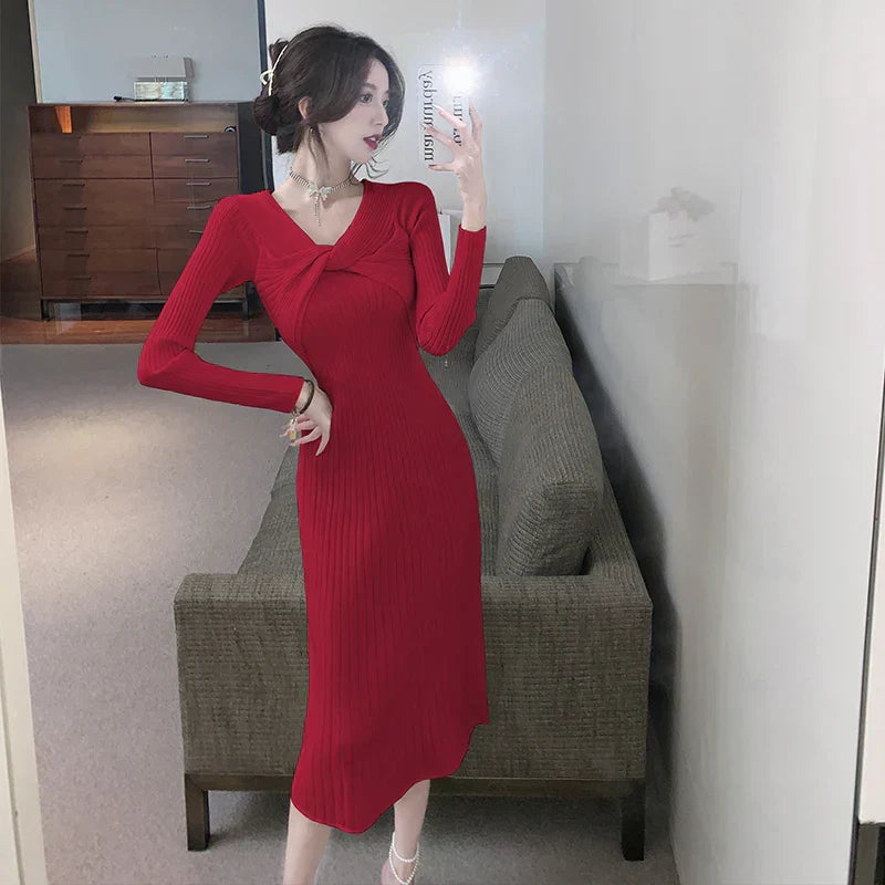 qgtao-Elegant Vintage Knitted Evening Dress for Women Autumn Winter Fashion Long Sleeve Slim Dresses Knit Sweater Lady Clothing 2023