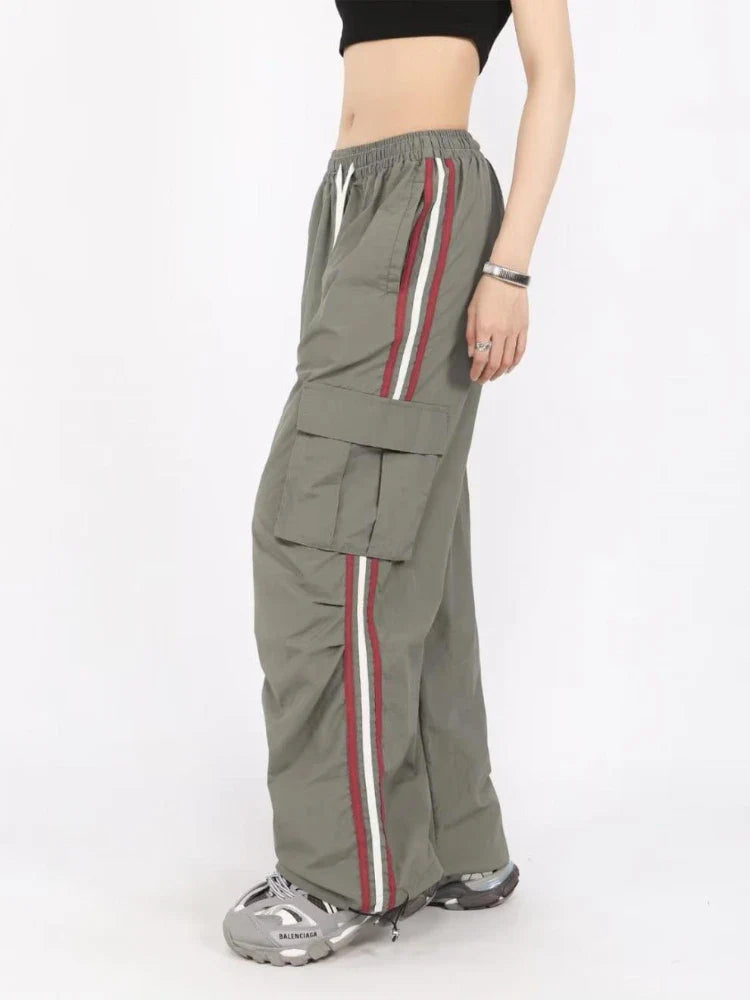 qgtao Y2K Cargo Pants Women Baggy Vintage High Waist Stripe Sweatpants Casual Loose Drawstring Parachute Jogger Wide Leg Pants