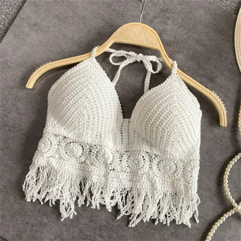 qgtao Sexy Hollow Out Underwear Women Summer Beach Short Tank Top Women Sweet Knitted Bra Tassel Women Short Top Debardeur Femme