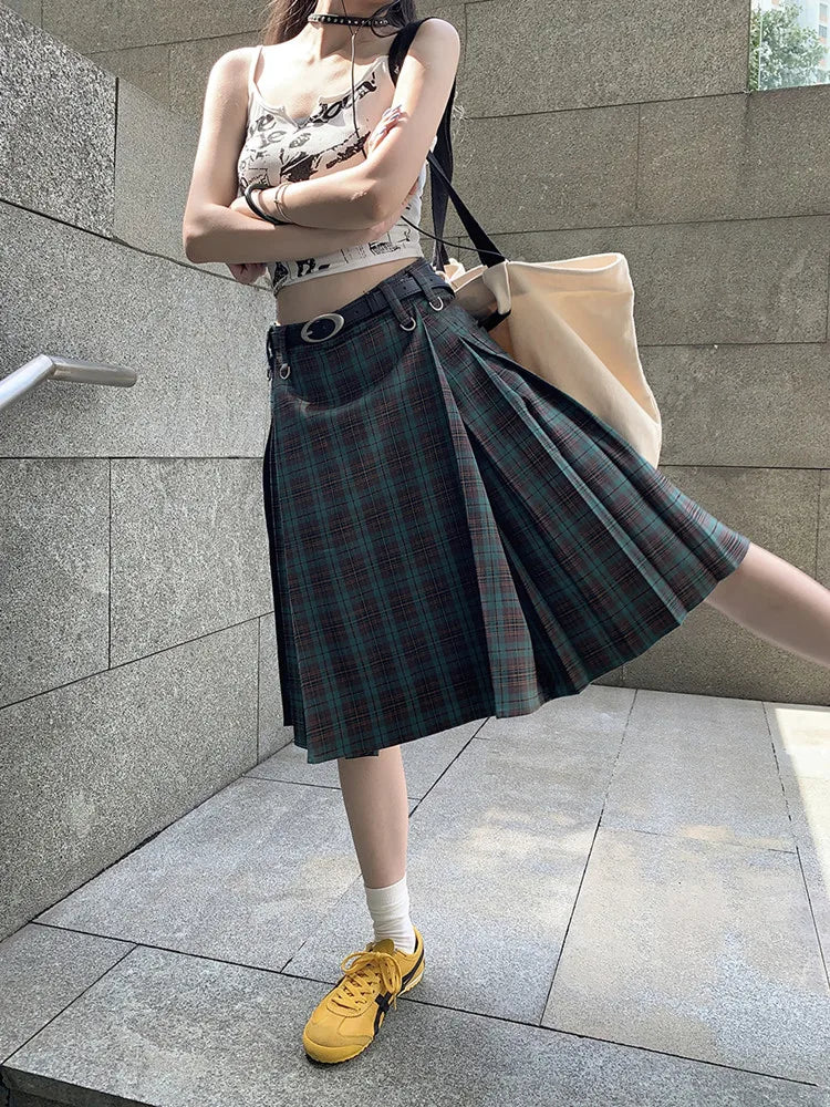 qgtao Korean style Preppy Fashion Vintage Plaid Summer Women Midi Skirt High Waist Pleated A-line Temperament Loose Y2K Skirt