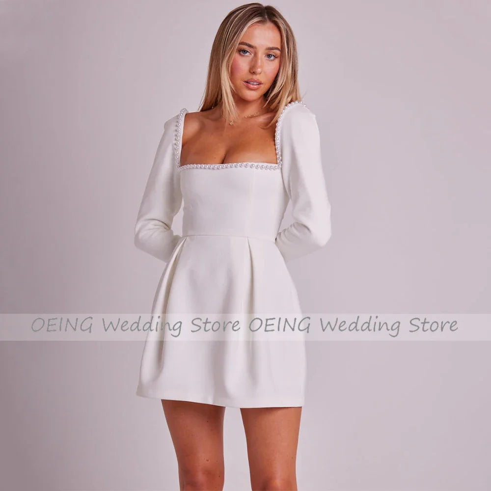 qgtao Short Wedding Dress 2023 Long Sleeves Pearls Square Collar Mini  Gown for Women Bride A Line Backless Cute Bridal Dresses