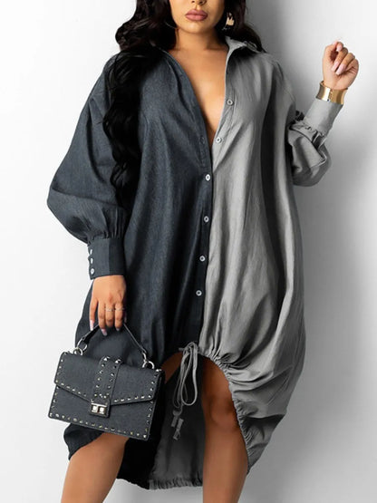 qgtao  Plus Size dresses Drawstring Patchwork Shirt Dress Fashion Drop Shoulder Long Sleeve Shirt Collar Women Streetwears vestido