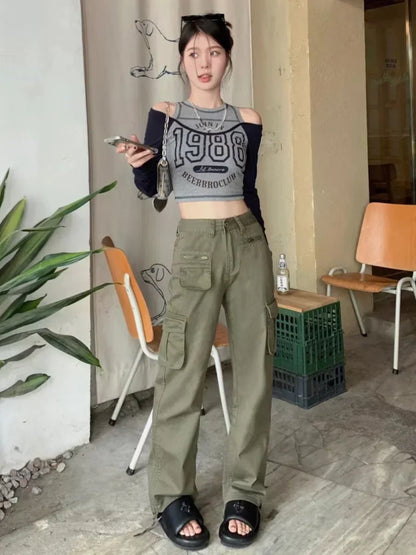 qgtao Y2k Streetwear Vintage Korean Crop Top Women Sexy American Retro Letter Printed T Shirts Off Shoulder Aesthetic Clothes