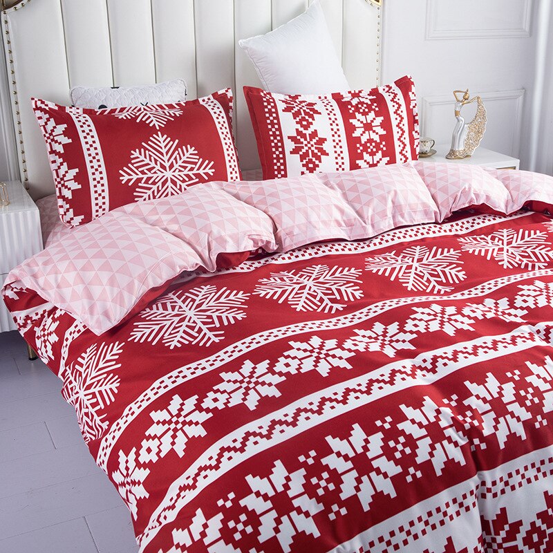 Yeknu New 4pcs High Quality Skin Friendly Christmas Snowflake Bedroom Double Soft Bedding Set Sheet Quilt Cover Pillowcase