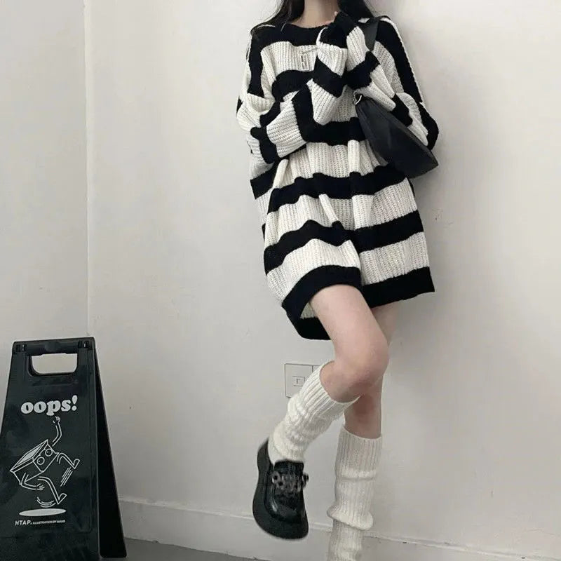 qgtao Deeptown Gothic Sweaters Women Harajuku Punk Knitted Stripes Jumper Vintage Plus Size Loose Long Sleeve Pullover Tops Streetwear