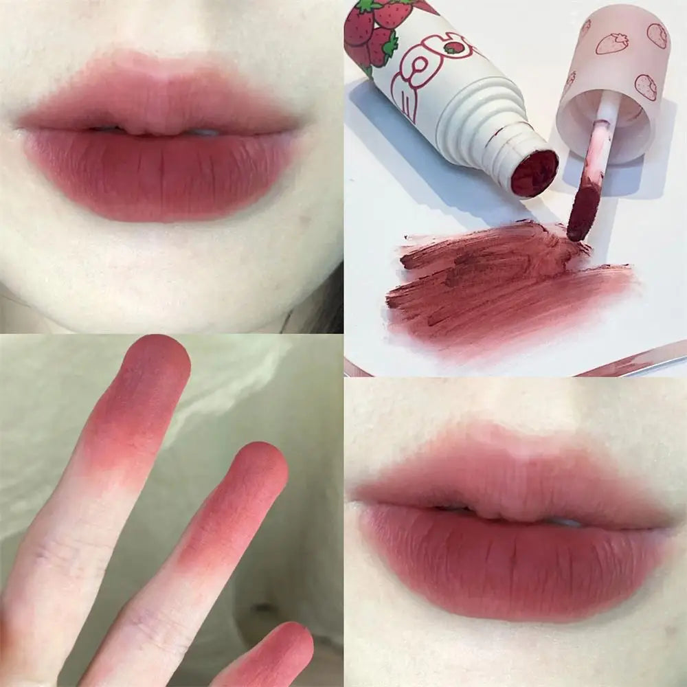 qgtao Lovely Strawberry Matte Liquid Lipstick Velvet Nude Red Lip Gloss Long Lasting Non-stick Cup Lip Mud Tint Cream Makeup Cosmetics