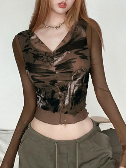 qgtao Y2k Vintage Mesh Patchwork Folds Printed V-neck T-shirt Long Sleeve Sexy Grunge Crop Tops Summer Fashion Tees 2024.