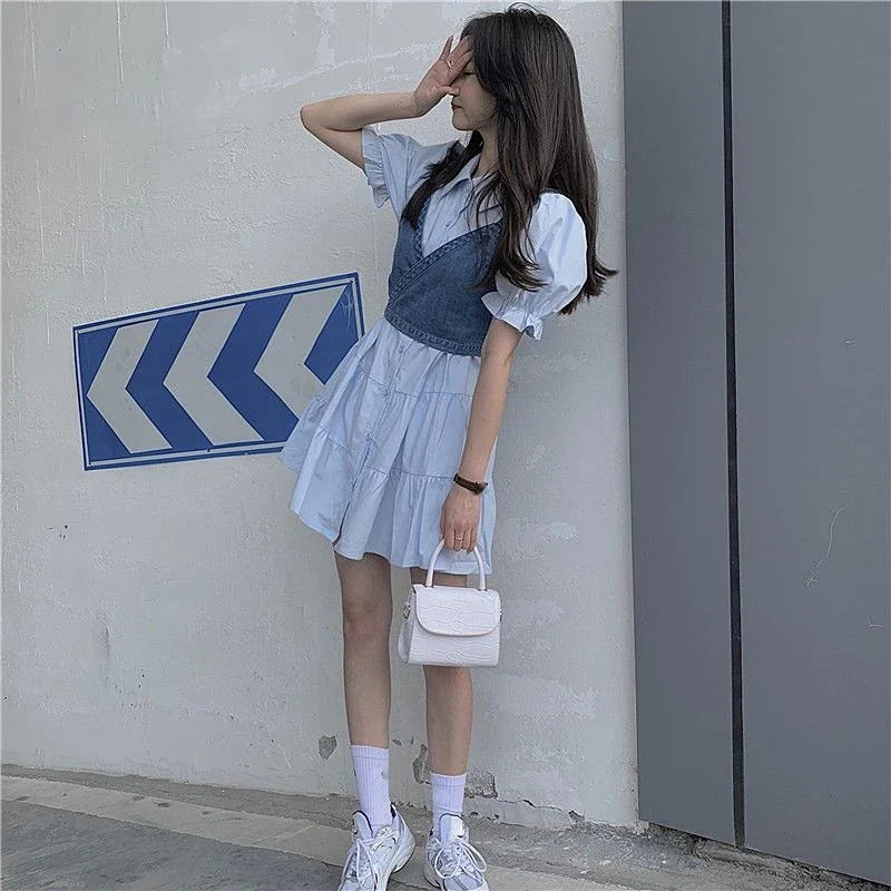 qgtao 2024 Summer Women's Dresses Korean Fashion Vintage Puff Sleeve Shirt Dress Women's Denim Camisole Vest Set New In Dresses