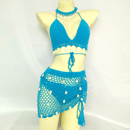 qgtao 4 pieces Woman Bikini Set Crochet Shell Tassel Top Sexy Thong Bottom See-Through Hollow Out Bandage High Waist Short Beach Skirt