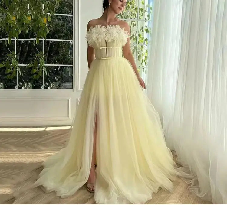 qgtao  Fairy Yellow Evening Dresses Flower Sweetheart Party Dress Side Slit Prom Dress For Formal Occasion