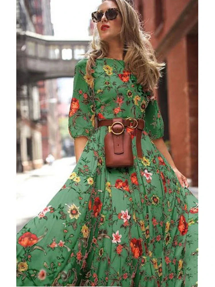 qgtao Spring Summer Vintage Flower Floral Print Maxi Dress Office Lady Fashion Elegant Long Sleeve O-neck Dresses For Women 2024