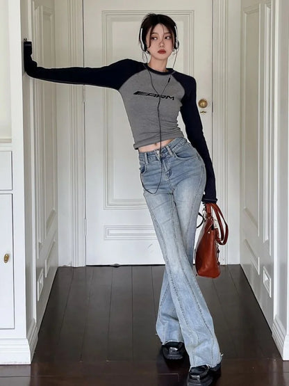 qgtao Y2k Slim T-shirts Women Patchwork Long Sleeve Top Female Fashion Letter T Shirt Ladies American Retro Casual Top Streetwear