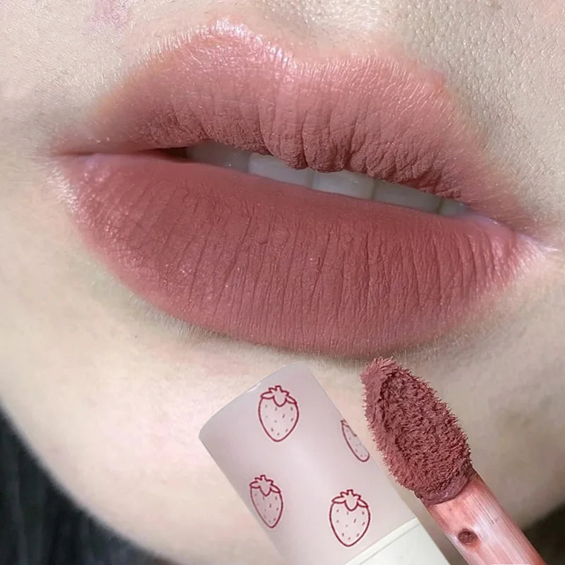 qgtao Lovely Strawberry Matte Liquid Lipstick Velvet Nude Red Lip Gloss Long Lasting Non-stick Cup Lip Mud Tint Cream Makeup Cosmetics