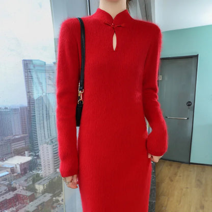 qgtao 100% Mink Cashmere Dress Women's Stand up collar Pullover Long Skirt Slim Fit Fashion Long Warm Dress Autumn Winter Solid Color