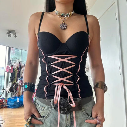 qgtao Y2K Sexy Corset Crop Tops Women Aesthetic Bandage Slim Tank Top Streetwear Harajuku Camis Backless Goth Punk Camisoles