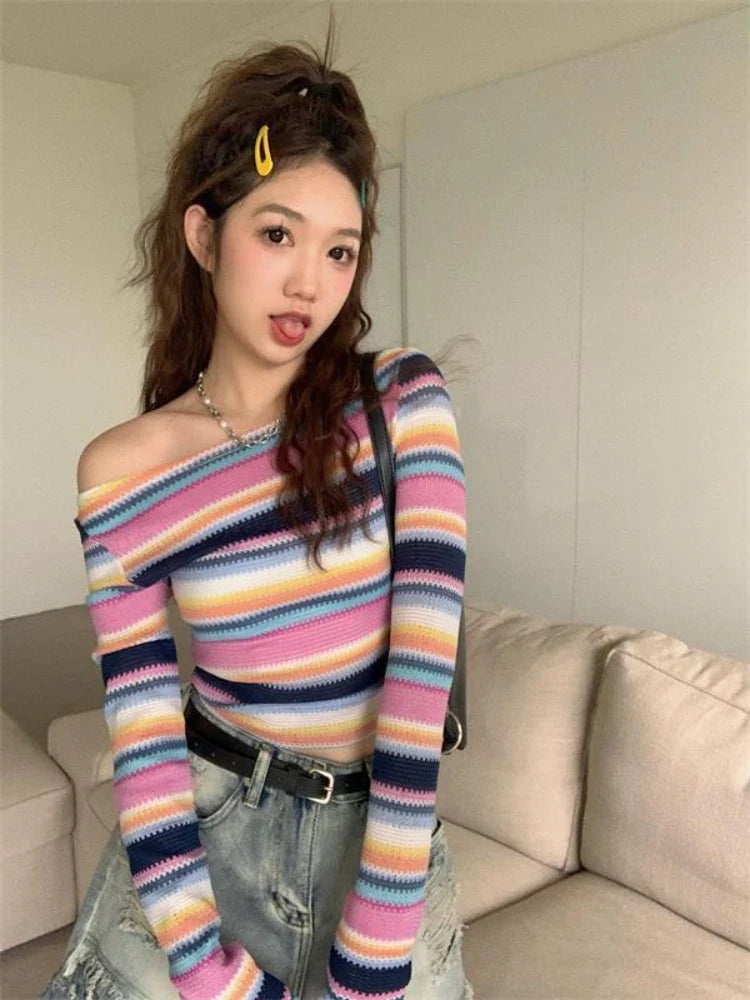 qgtao  -  Long Sleeve Striped Sweater Off Shoulder Jumpers for Women 2023 Kawaii Pullover Y2k Korean Style Sweet Girls Top Fashion