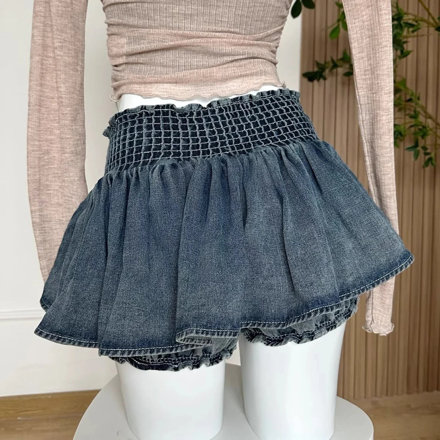 qgtao Women Bow Pleated Jean Skirt Shorts Summer Trendy Irregular Hem Sexy Spice Girl A-line Denim Mini Skirts Vintage Chic Streetwear