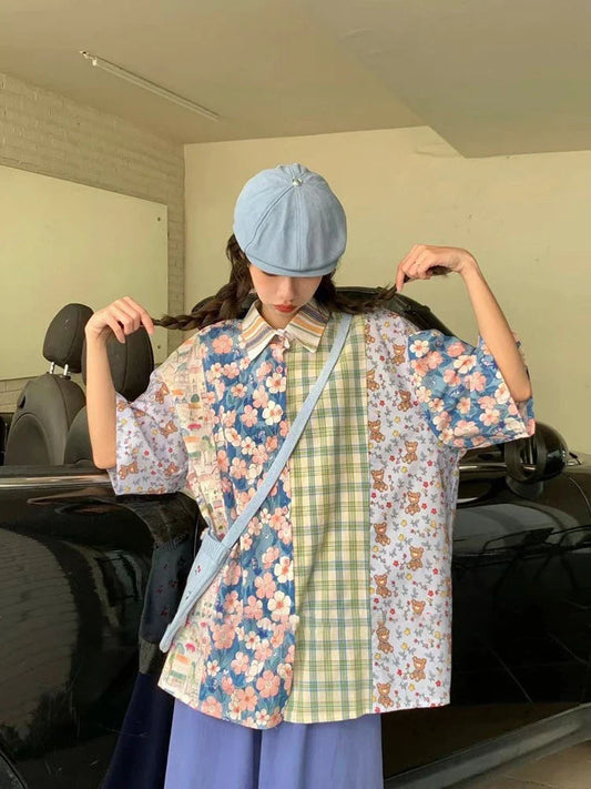 qgtao  -  Harajuku Graphic Patchwork Print Women's Shirt Vintage Short Sleeve Casual Female Blouse Japan Cutecore Button Up Tops
