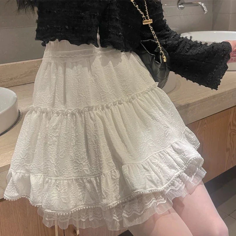 qgtao Kawaii Ruffle White Short Skirt Lace Lolita Elegant Mini Skirts Layered Solid Sweet Elegant Japanese Style Casual Skirt