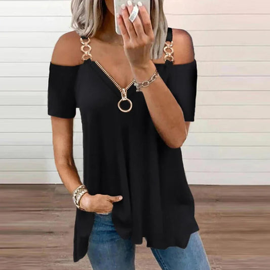 Chain Strap Off Shoulder Designed Top Women Solid Zipper V-Neck Sexy Short Sleeve Female Casual Pullover Loose Clothes