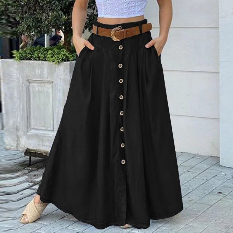 qgtao Women Button Patchwork Long Skirts 2024 Stylish A Line High Waist Long Vestidos Vintage Female Solid Maxi Sundress Femme