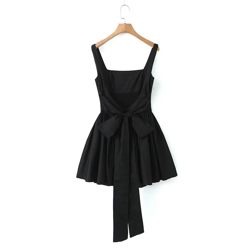 qgtao   Women Sweet Tie Bow Sashes Sexy Backless Dress Waist Spliced Pleated Swing Party Mini Robe