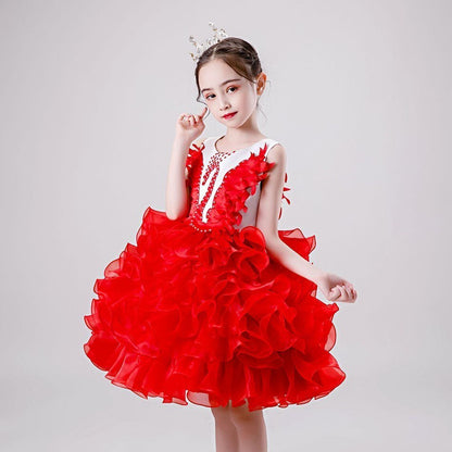 Princess Dress Red Black Swan Evening Dress+Crown Gril Dress Beaded Swan Dance Costume Short TuTu Dress Kids Tulle Summer Dress