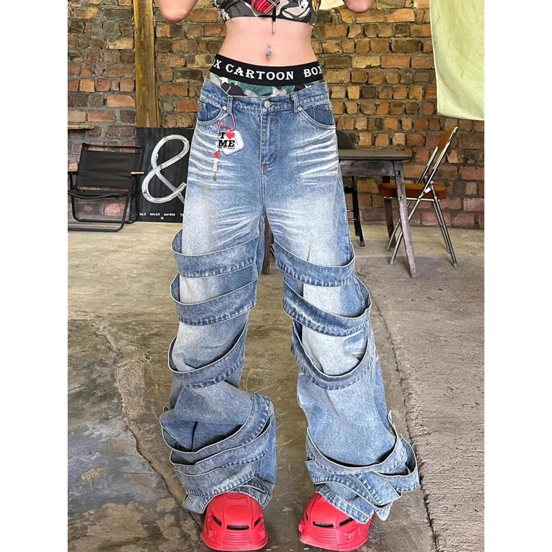 qgtao  -  High Waisted Blue Women's Jeans Fashion Streetwear Casual Vintage Baggy Straight 2024 Hip Hop Denim Trouser Mom Wide Leg Pants