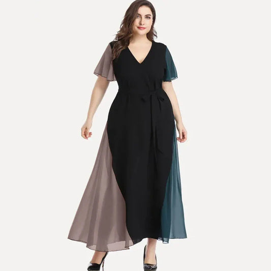 qgtao Plus Size V-neck Summer Elegant Chiffon Party Dress Women Short Sleeve Maxi Casual Dress Sash Waist Fit Flare Evening Dress 6XL