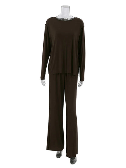 qgtao Brown Knitting Sleepwear Women's Suit Round Neck Loose Pajamas For Women Long Sleeve High Waist Night Wears For Women Sets