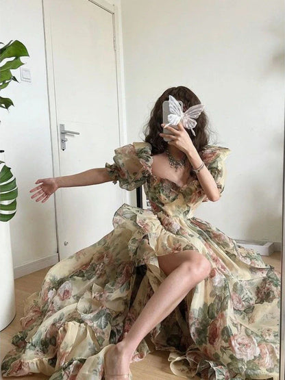 qgtao Floral Print Evening Party Dress Women 2024 Puff Sleeve Elegant Princess Long Dres Ladies France Vintage Open Fork Dress Summer
