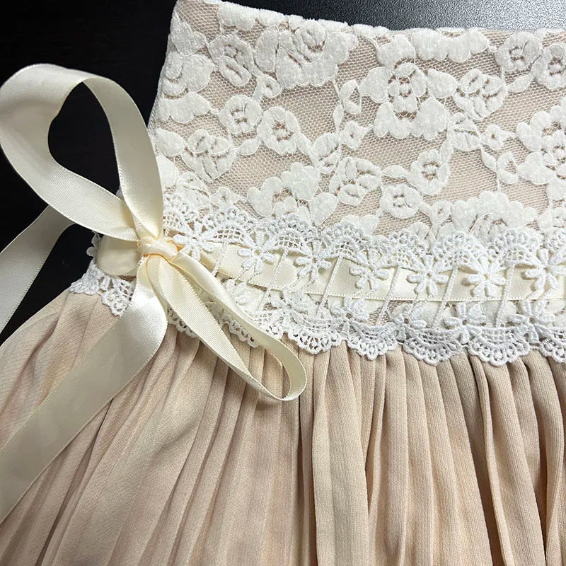 qgtao Pink Pleated Skirt Women Kawaii High Waist A-line Lace Patchwork Bow Lace Up Cute Fairycore Mini Skirt Spring Summer