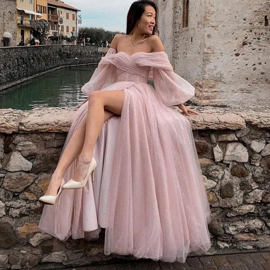 qgtao  Pink Shiny Tulle Prom Dresses Off The Shoulder Long Puff Sleeve Evening Party Gowns Slit Women Arabia Wedding Dress