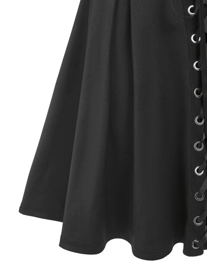 qgtao Plus Size Fashion Buttons Suspender Skirts Women Black Pleated Lace Up Basic Corset Flare Skirt Knee-Length Casual Skirt