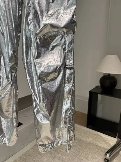 Silver Y2k Women's Pants Cargo 2024 Baggy Trousers Loose Oversize Vintage Streetwear Trendy Casual Stylish Chic Classic Mid Wasi