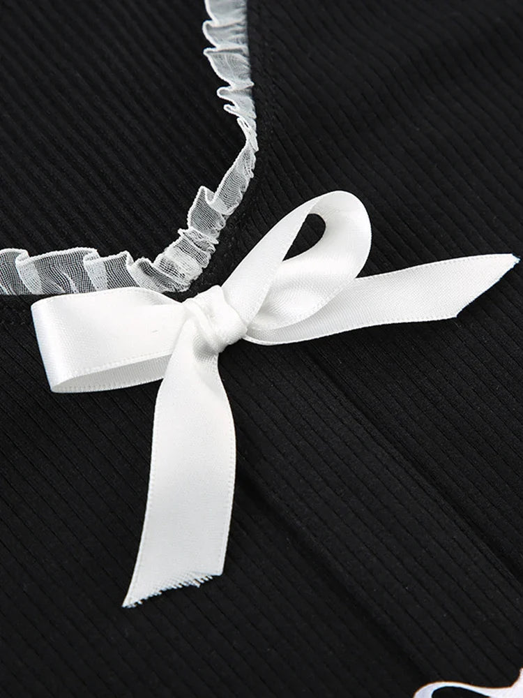 Summer Crop Top Women Y2K Coquette Bow T Shirt Female Vintage Lace Short Sleeve Tee Ladies Sweet Fashion Slim Camisetas Mujer