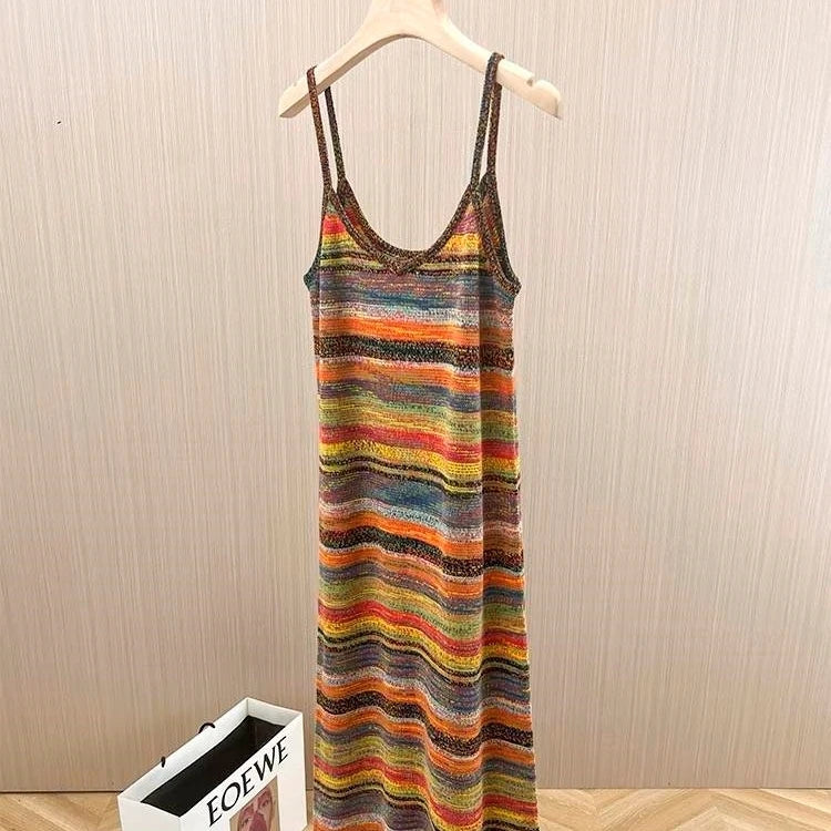 qgtao Spaghetti Strap Striped Bodycon Crochet Midi Dress 2024 Vintage Retro Chic Y2K 90s Fashion Korean Vintage Harajuku Long Dress