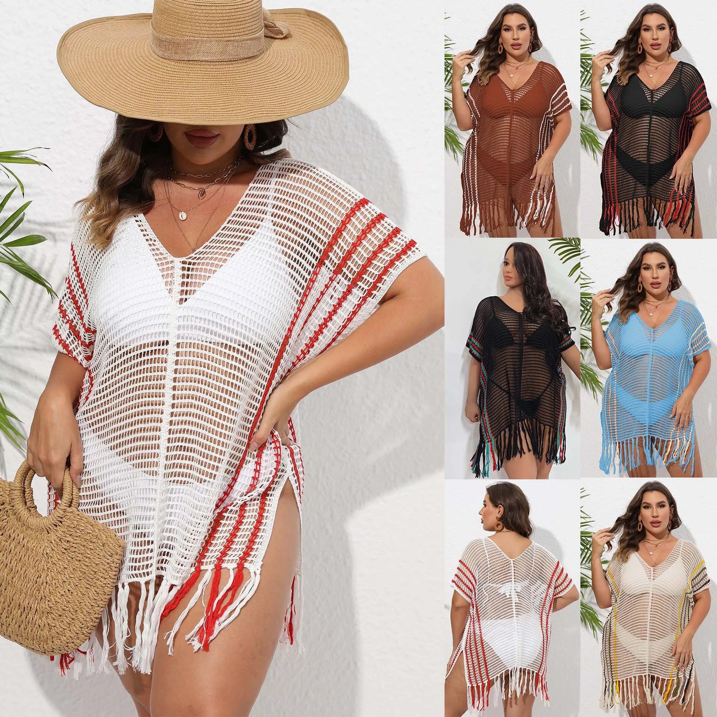 qgtao Sexy Beach Cover Up for Swimwear Women Tassel Plus Beachwear Pareos De Playa Mujer Knit White Kimono Femme Vestido Big Cover Ups