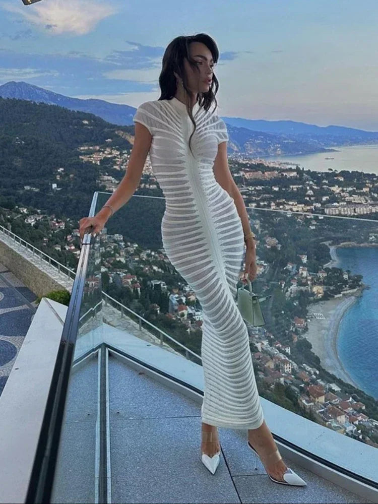 qgtao Elegant Bodycon Knitted Dress Autumn See Through White Dress Short Sleeve Sexy Party Evening Maxi Dresses for Women 2024